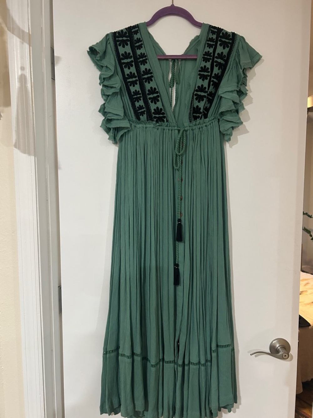 Green Ruffled Embroidered Midi Dress